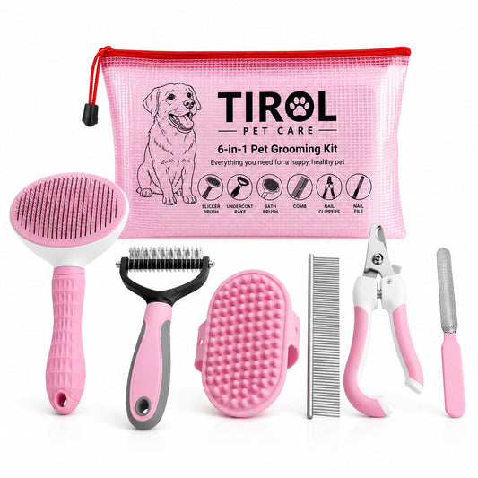 TIROL Pet Care 6-In-1 Dog & Cat Grooming Kit, Double-Sided Dematting Rake, Bath Massage Brush, Comb, Self-Cleaning Slicker Brush, Nail Clippers & File, Complete Grooming Set with Travel Pouch