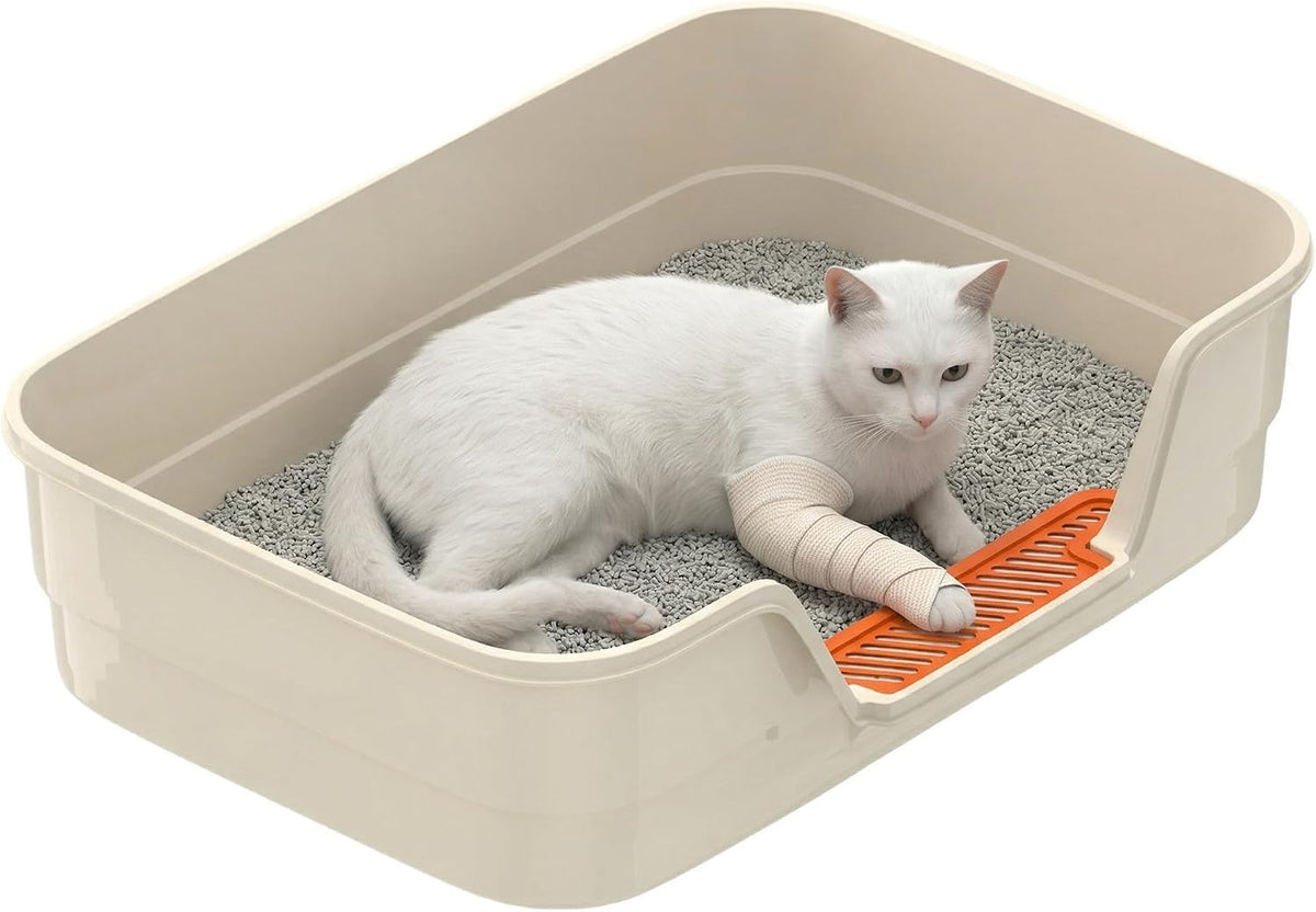 Suhaco Low Entry Litter Box for Senior Cats Extra Large Cat Litter Box with High Sides for Kitten, anti Splashing & Easy to Clean for Indoor Cats Litter Pan (White)