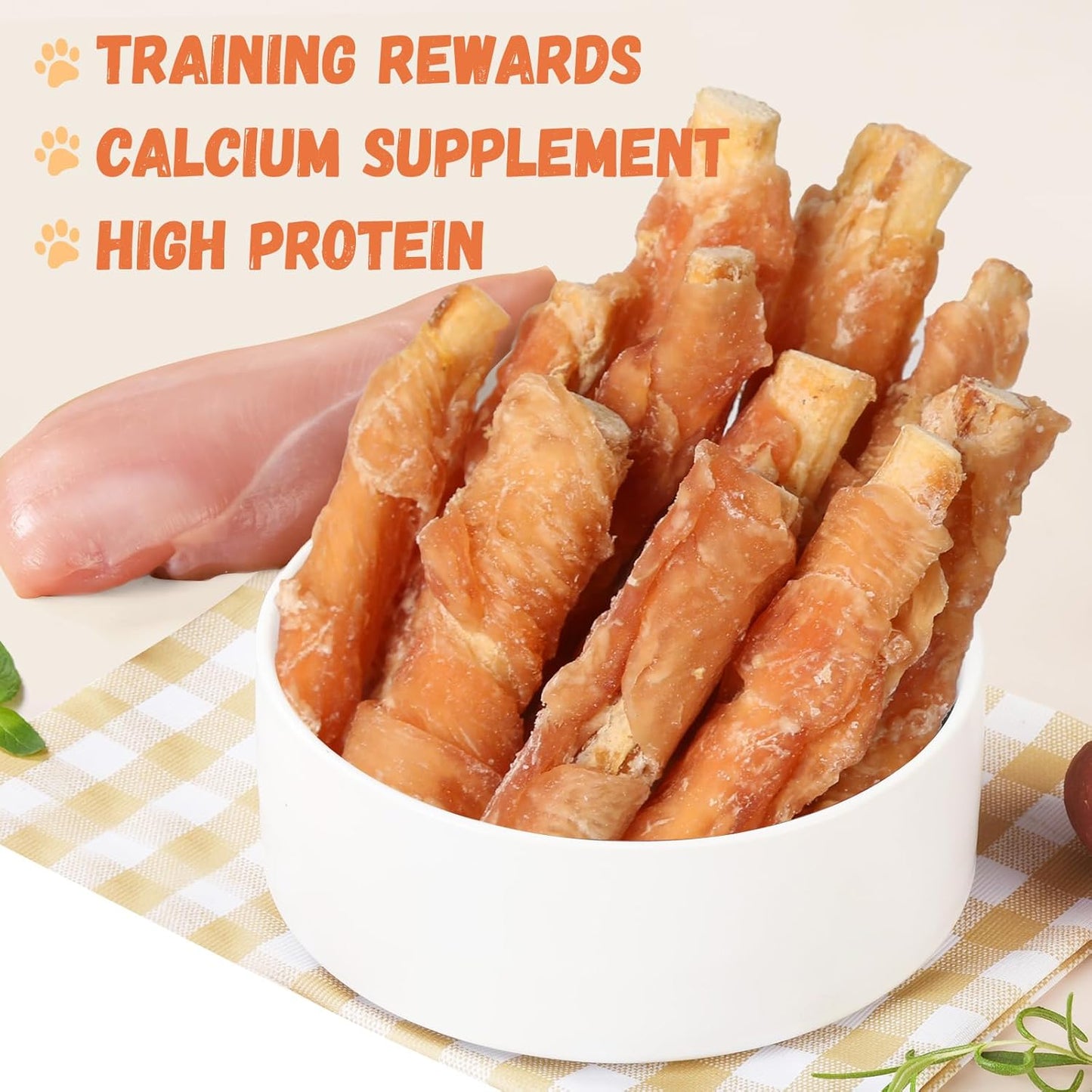 Pawmate Dog Treats Chicken Wrapped Beef Cartilage W/Calcium Supplement, Rawhide Free Dog Chews Long Lasting, Grain Free Healthy Training Treats Snacks for Small Medium Large Dogs, 12 Counts, 10.6 Oz