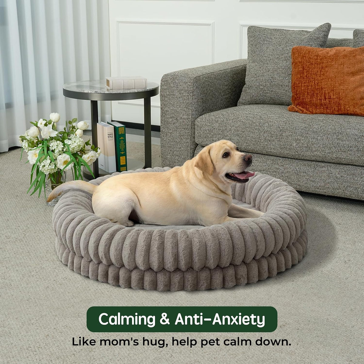 BALANCE Luxury Donut Dog Bed, 43 Inches round Dog Beds Large Sized Dogs Washable, Orthopedic Calming Dogs Bed for Pets with Anti-Slip Bottom, Oatmeal