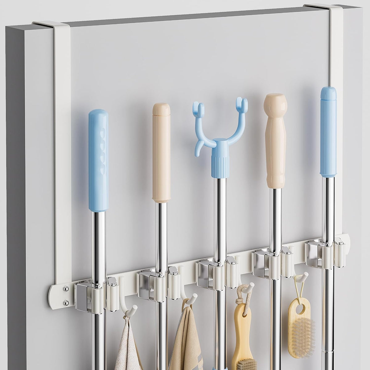 Broom Holder over the Door with 4 over Door Hook, Drilling Free Mop - White