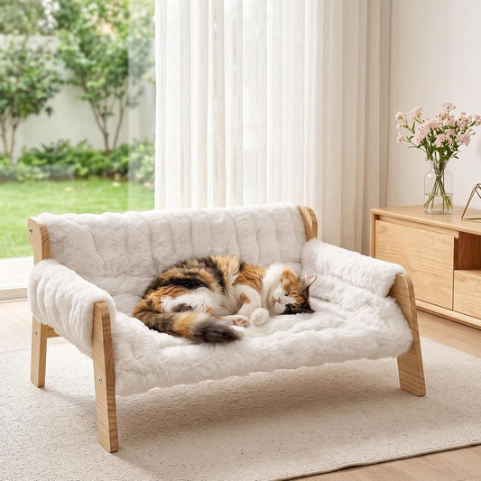 Homegroove Elevated Cat Couch Bed, Wood Cat Sofa for Indoor Cats, White﻿ | 27"L X 18"W X 11.8"H, Solid Wood Cat Bed with Removable Washable Cushion, Available in White and Gray, for Cats & Small Dogs