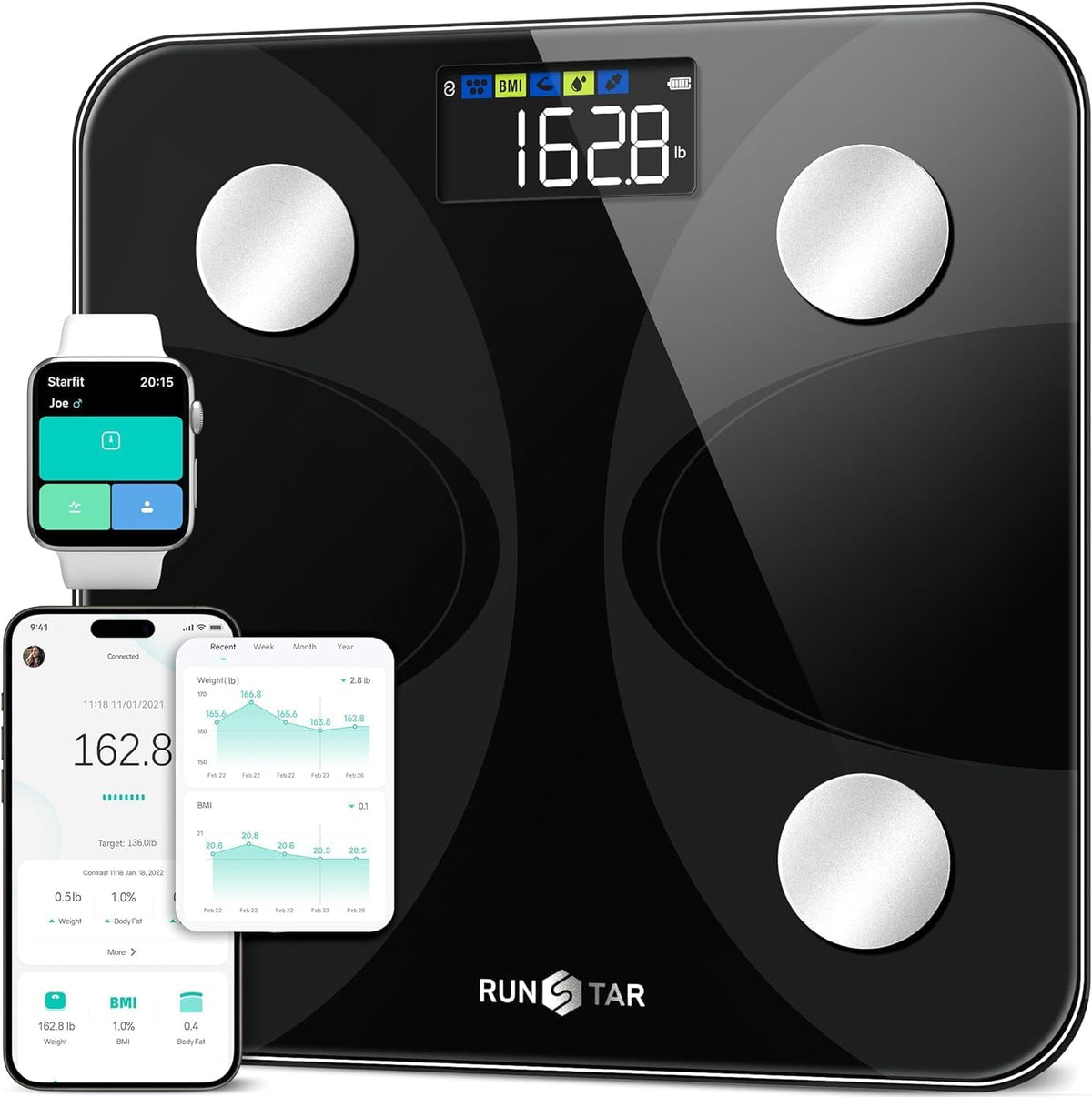 Scale for Body Weight and Fat Percentage, Runstar Digital Accurate Bathroom Smart Scale with Large Display, FSA&HSA Eligible 13 Body Composition Analyzer Sync App