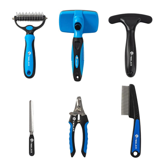 6-In-1 Dog Grooming Kit, Pet Grooming Kit for Dogs & Cats, Professional Cat Brush Set with Slicker Brush, Undercoat Rake, Flea Comb, Nail Clipper, Nail File & Pin Rake Brush
