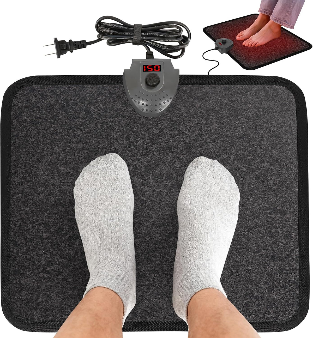 Heated Floor Mat under Desk for Foot Warmer - Wider 110V Adjustable Temperature Electric Space Heaters Heating Pad - Carbon Crystal & Energy Saving Feet Warmers for Office,Home (Black Gray)