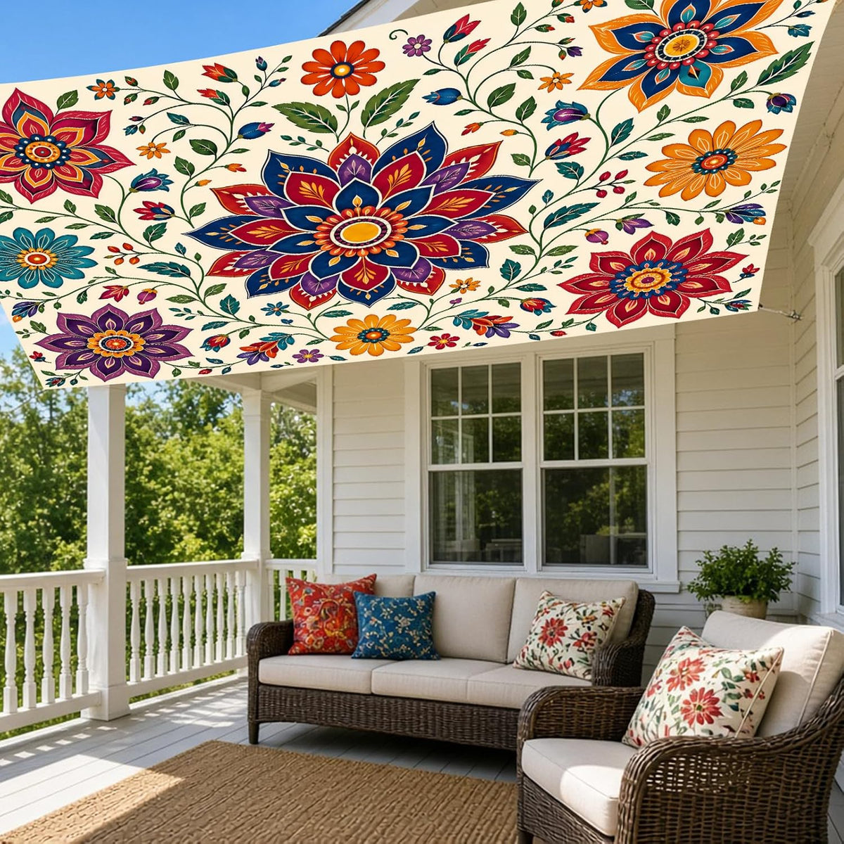 Miytal Boho Floral Sunshade Sail, Waterproof Folk Flower Shade Canopy Tarp