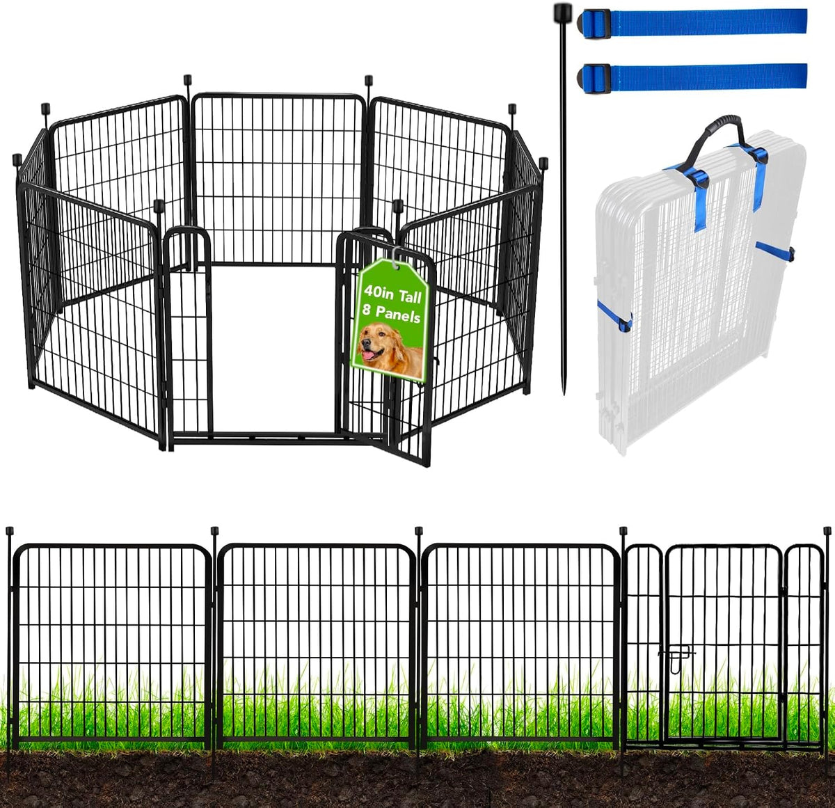 ADAVIN Dog Fence Outdoor for Yard, 8 Panels 40In Tall Garden Fence | 17.7Ft Heavy Duty Iron Metal Animal Barrier Fencing, Low Threshold Gate, Indoor and Outdoor Pet-Friendly, Easy Set Up