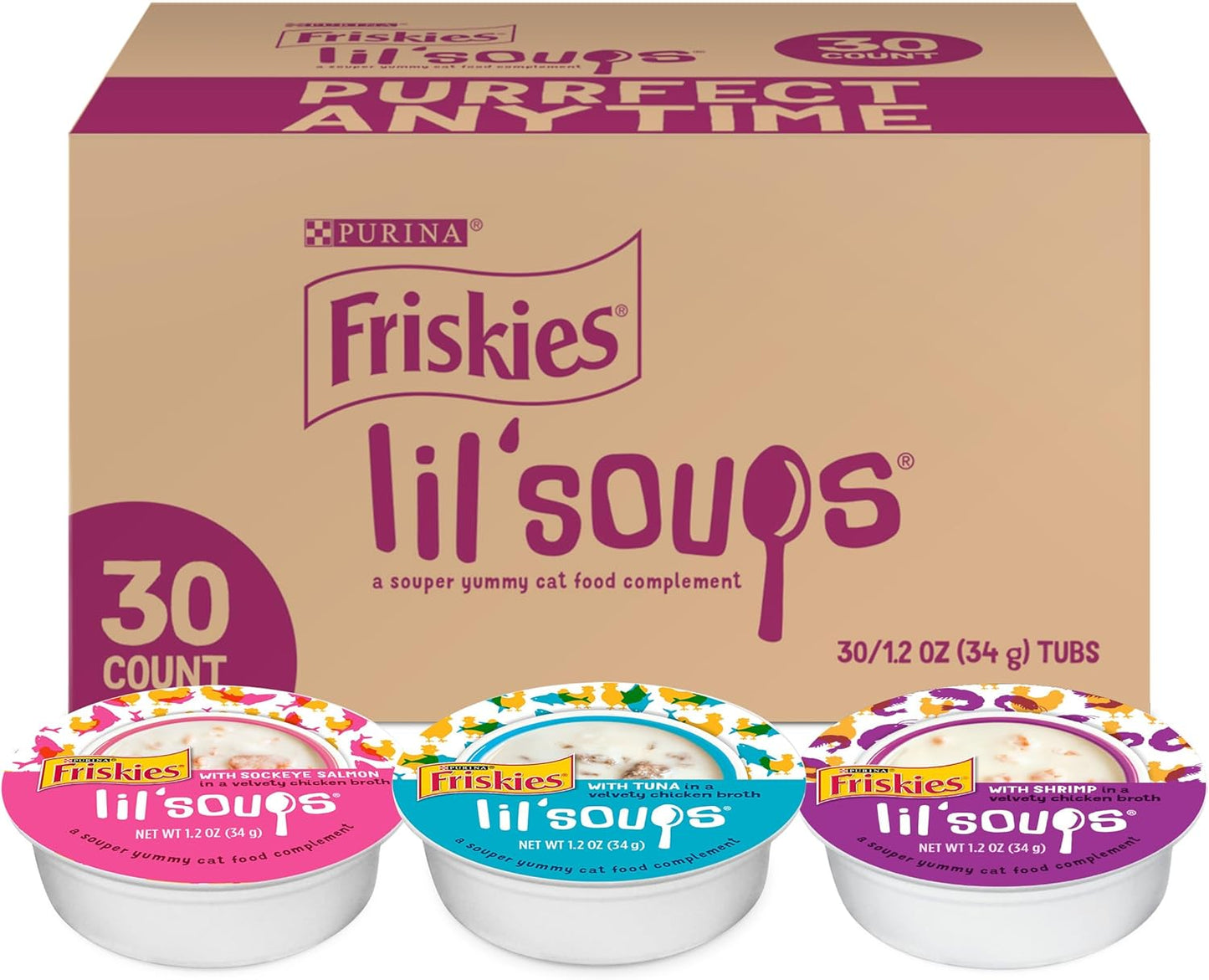 Friskies Purina Grain Free Wet Cat Food Lickable Cat Treats Variety Pack, Lil' Soups with Salmon, Tuna or Shrimp - (Pack of 30) 1.2 Oz. Cups