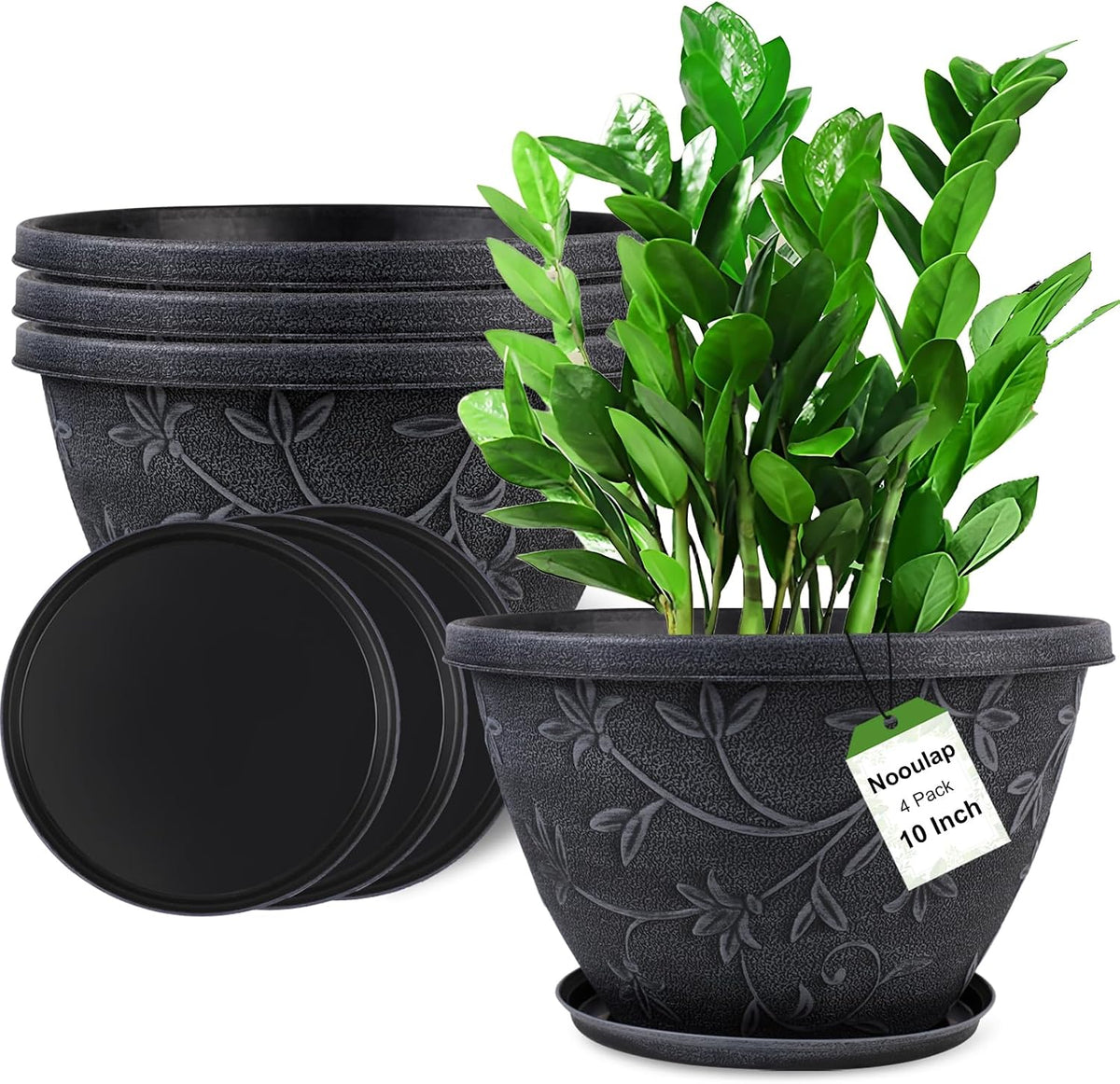 Nooulap 4 Pack 10 Inch Flower Pots, Plastic Outdoor Planters, Gray