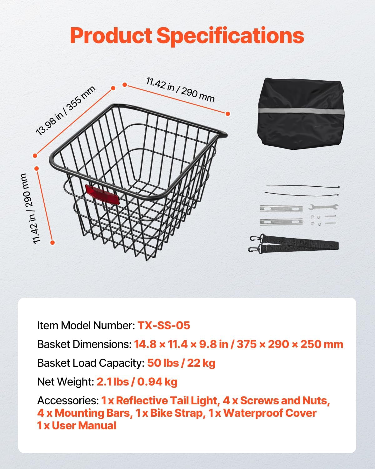 VEVOR Rear Bike Basket, Metal Wire Bicycle Basket with Reflective Tail Light & Waterproof Cover, Durable Bike Back Basket, Fits to Most Rear Bike Racks