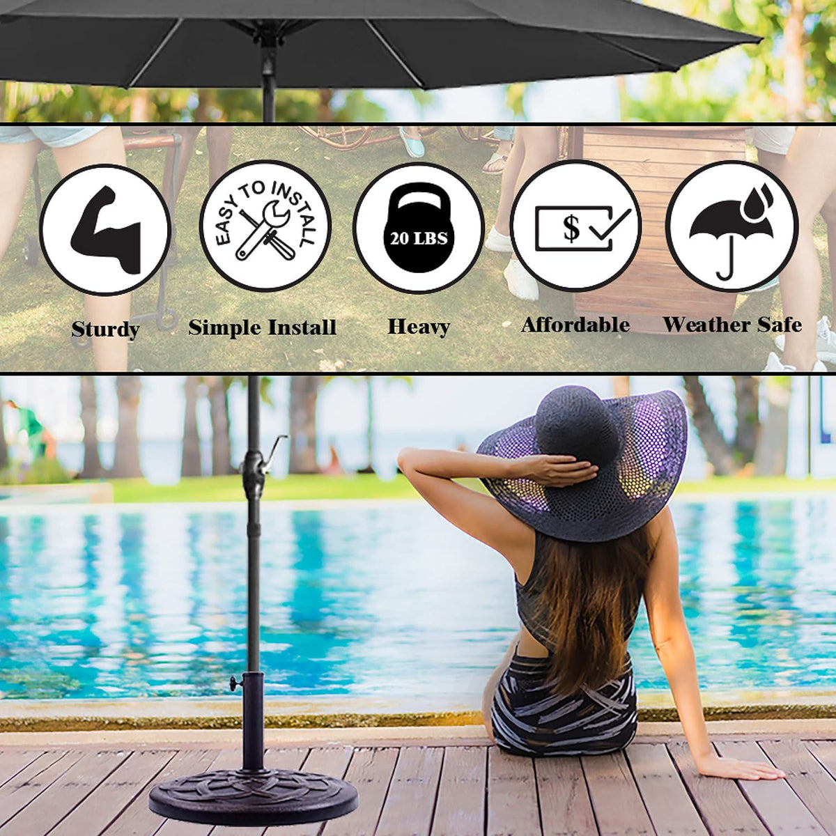 Backyard Expressions round Heavy Duty Patio Umbrella Base – Weather Resistant Calcium Carbonate Resin with Bronze Weave Design – Fits 1.5" to 2" Poles, Easy Assembly, UV & Fade Resistant