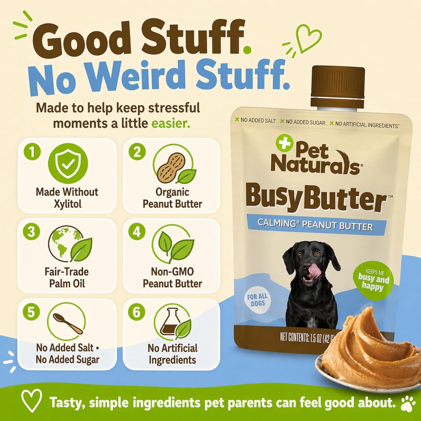 Pet Naturals Busybutter Easy Squeeze Calming Peanut Butter for Dogs, 6 Pouches - Great for Treats, Lick Mats, Training, Calming, and Occupier Toys, Busy Butter, 1.5Oz (Pack of 6)