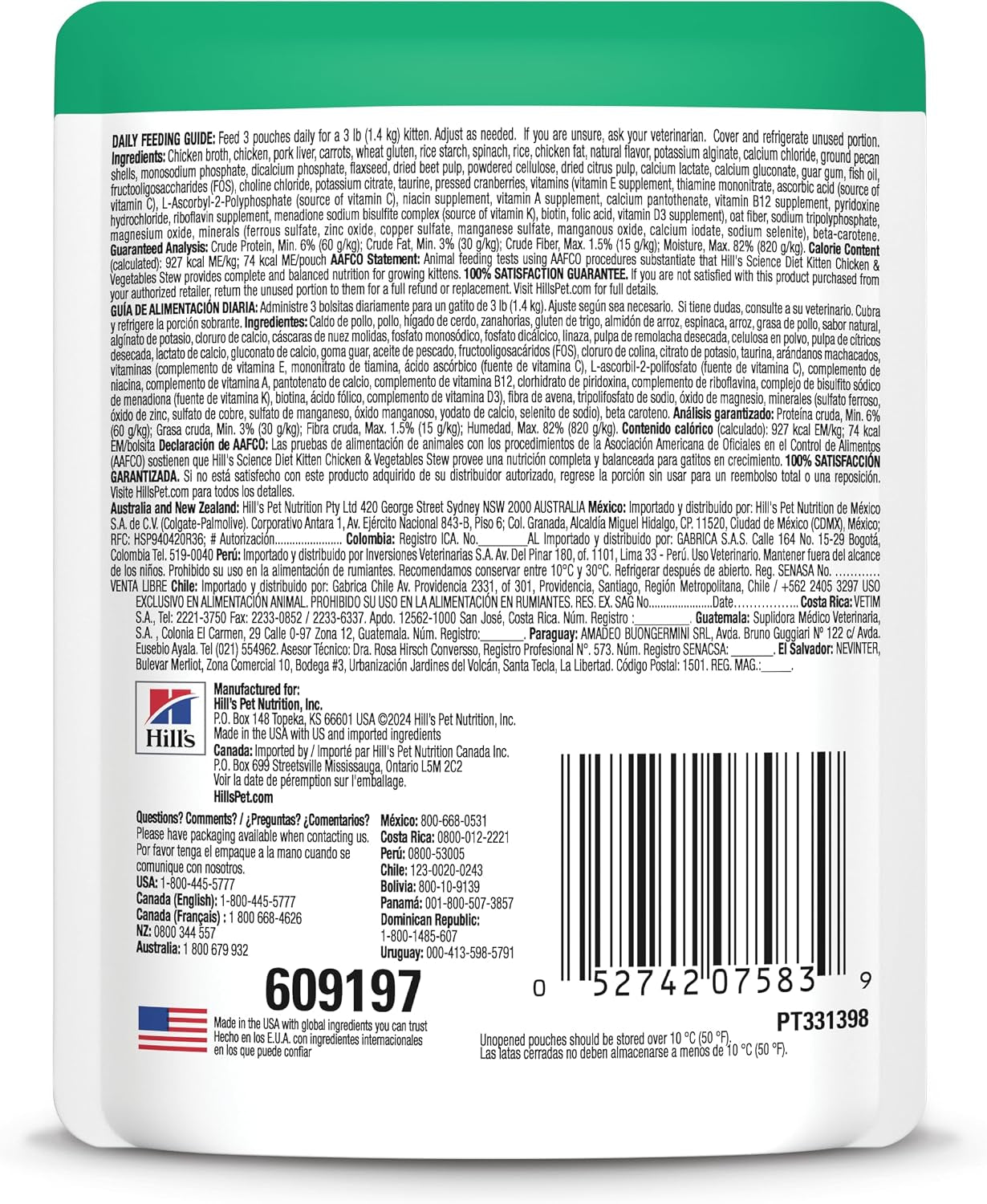 Hill'S Science Diet Kitten Wet Cat Food, Chicken & Vegetables Stew, 2.8 Oz. Pouches, 24-Pack