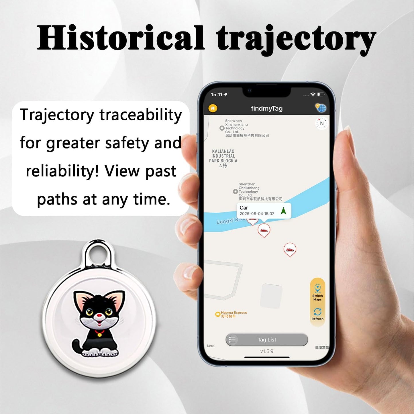 GPS Tracker for Dogs, Mini Cat Tracker, Smart Pet Tracker, Real-Time Tracking & Anti-Lost Alerts, No Monthly Fee, No SIM Card, Waterproof & Drop-Proof, 730-Day Battery Life, Works with Ios & Android