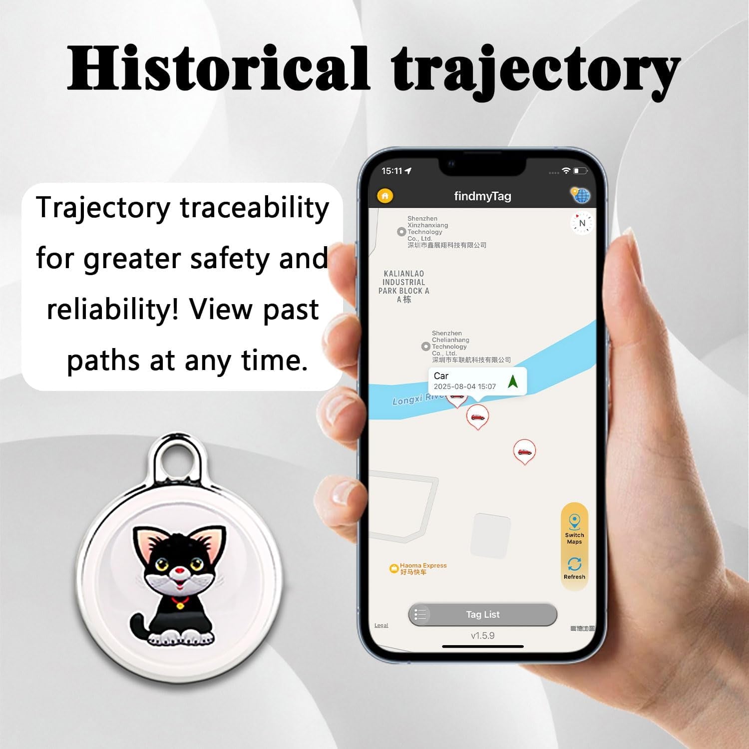GPS Tracker for Dogs, Mini Cat Tracker, Smart Pet Tracker, Real-Time Tracking & Anti-Lost Alerts, No Monthly Fee, No SIM Card, Waterproof & Drop-Proof, 730-Day Battery Life, Works with Ios & Android