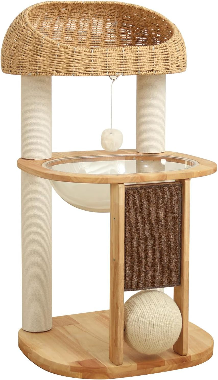 Wood Cat Tree for Large Cats, Modern Cat Tree Tower with Wide Shelves Cotton Scratching Posts, Super Sturdy Base, Cozy Perches, and Interactive Toys for Indoor Kittens