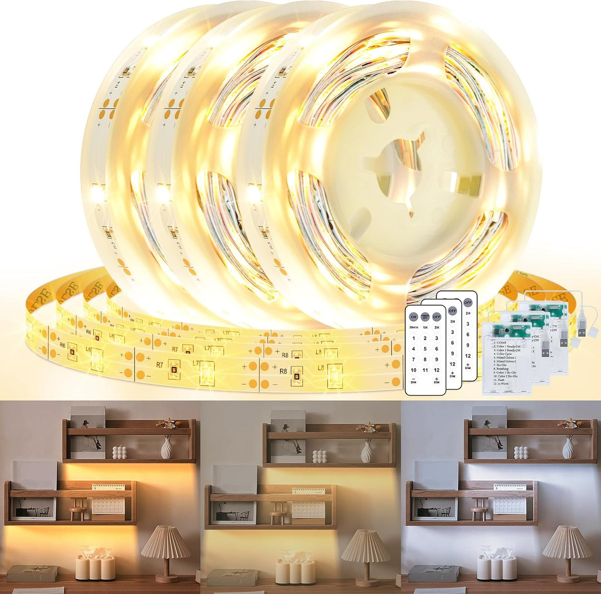 3 Pack 3.3FT Battery Powered LED Strip Lights with Remote Timer, 2700K-6000K Tunable White LED Cabinet Lights, Self-Adhesive Dimmable USB LED Strip Lights With12 Modes for Kitchen Bookshelf Cupboard