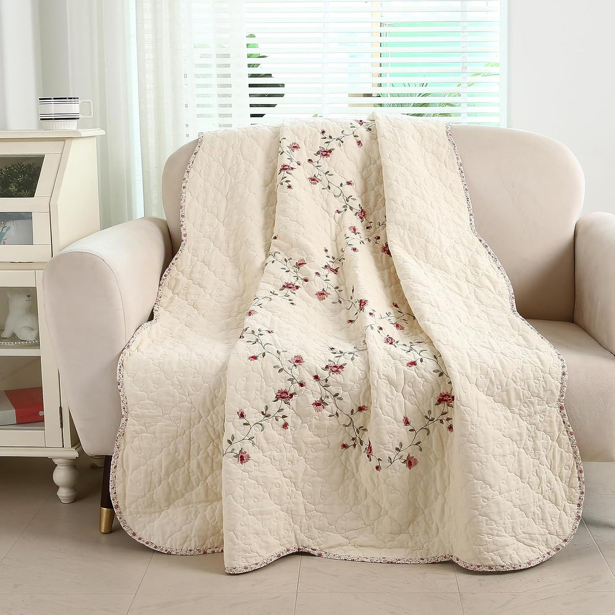 Vctops 100% Cotton Quilted Throw Blanket 50X60 Inch Floral Embroidered Reversible Patchwork All Season Throw (Flower,50"X60")
