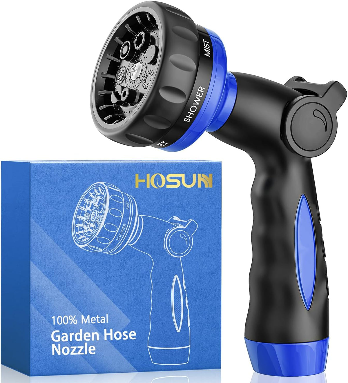 HOSUN Heavy Duty Garden Hose Nozzle Metal, 7 Spray Modes Thumb Control Blue