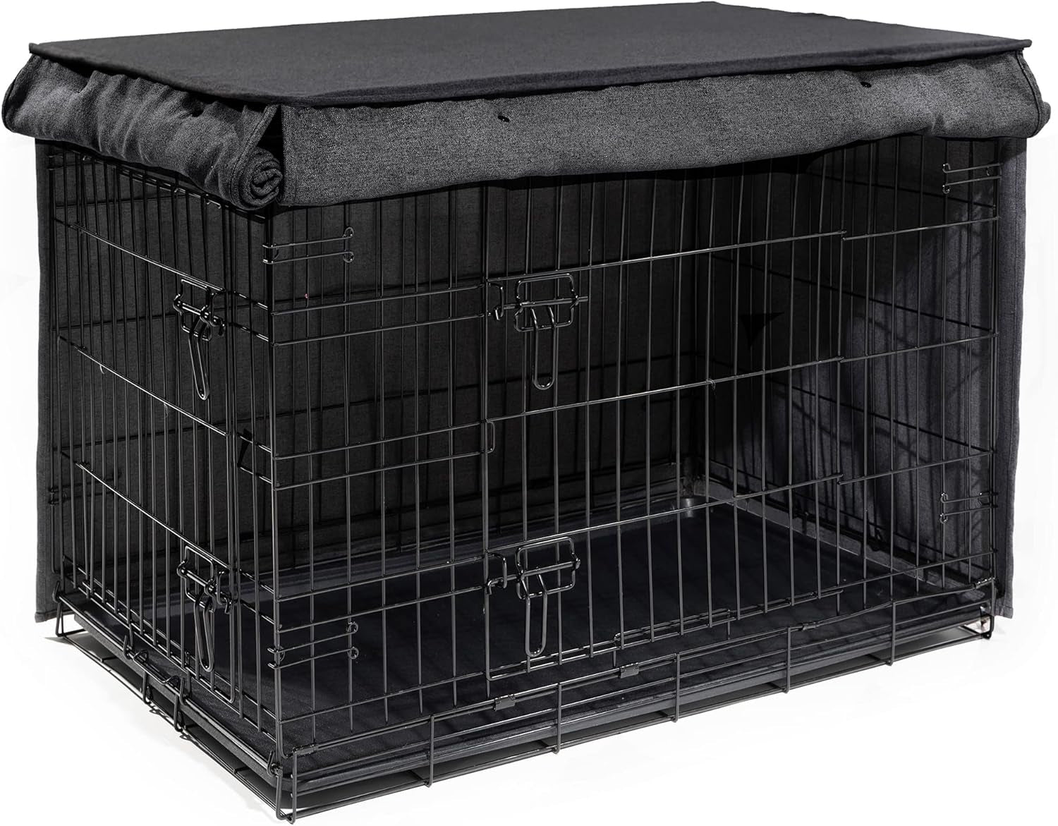 Friends Forever Metal Dog Crate Cover 48 Inch W/Light Blocking Protective Curtain, Dog Cage Cover W/Roller Shades, Machine Washable, Trucker Black