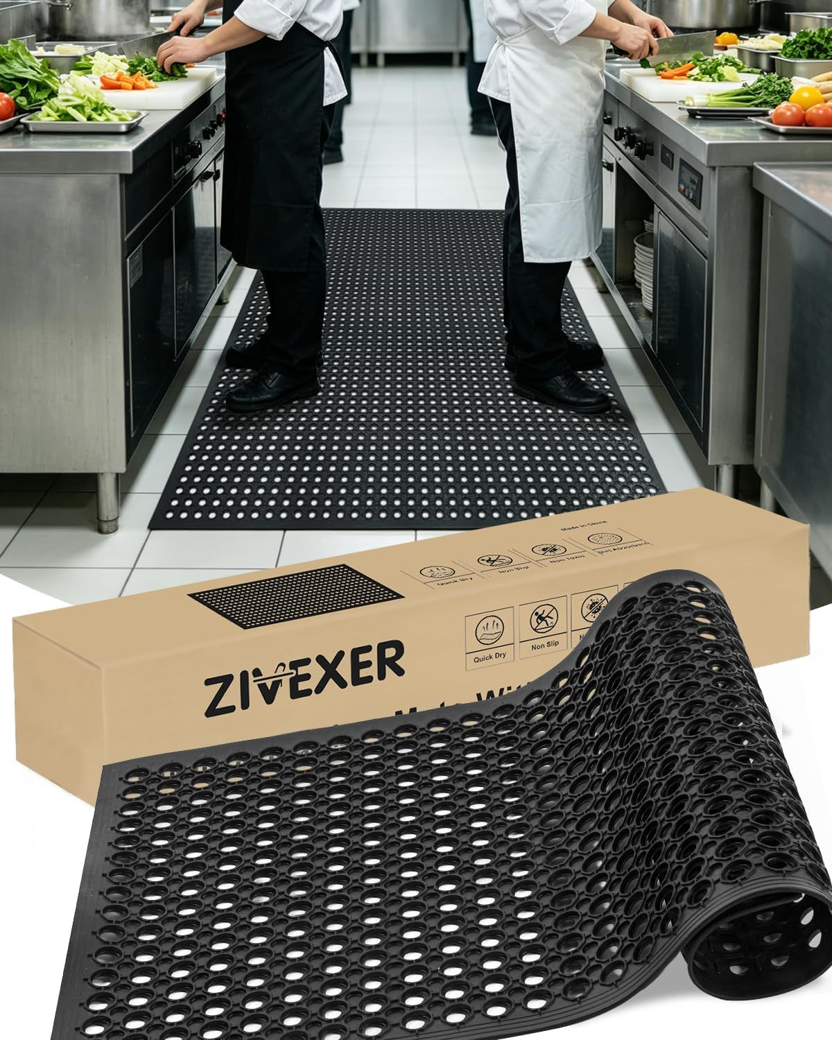 【10Mm Extra Thick】36"X60" Heavy Duty Non-Slip Outdoor Rubber Door Mat with Drainage Holes, Large Rubber Mats for Bar, Garage, Kitchen, Waterproof Black Shop Matt, Fast Drying Restaurant Floor Mat
