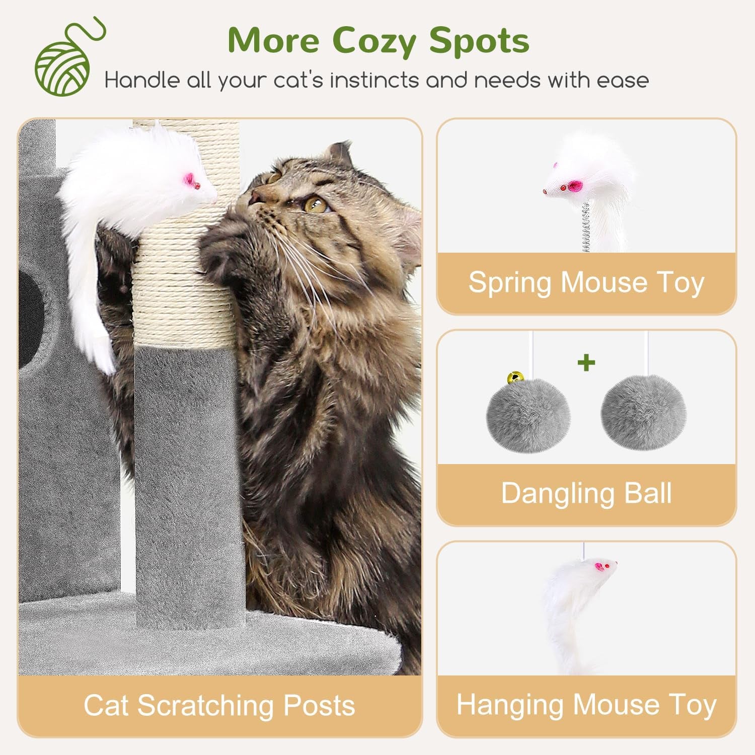 Globlazer Cat Tree Tower for Indoor Cats, 50-Inch Adult Cat Tree House for Large Adult Cats with Steps, Scratching Post, 2 Cat Caves, Dangling Toys, FC50, Light Grey