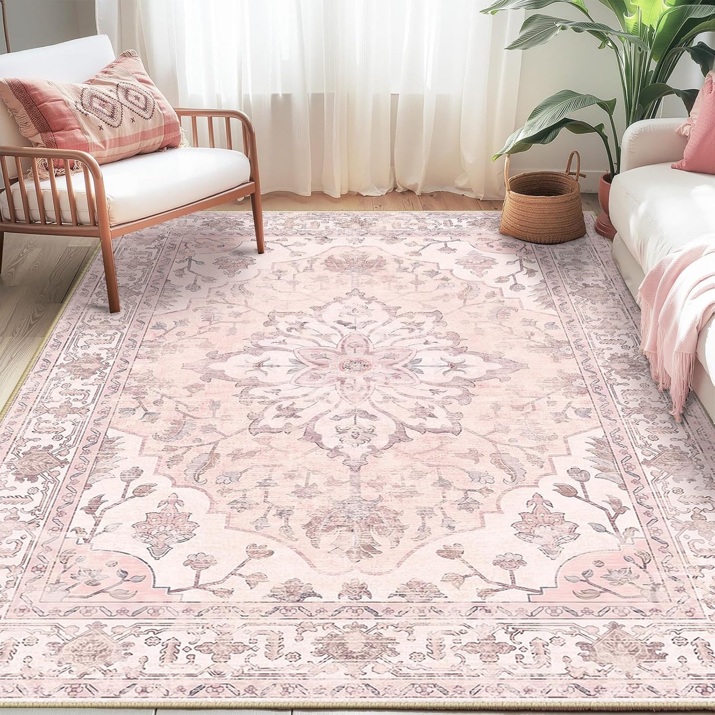 RELEANY Area Rugs 5'X7' Washable Non-Slip, Floral Vintage Distress Print Pattern Medallion Carpet for Living Room Bedroom Dining Room, Pink Greypink Cute