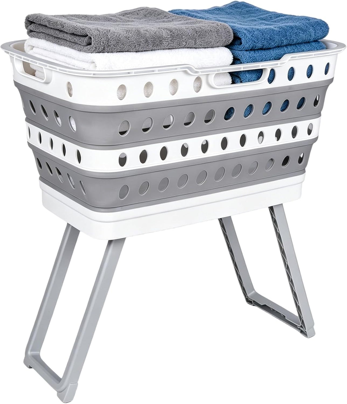 Collapsible Laundry Basket with Legs, Plastic Hamper with Stand, Gray