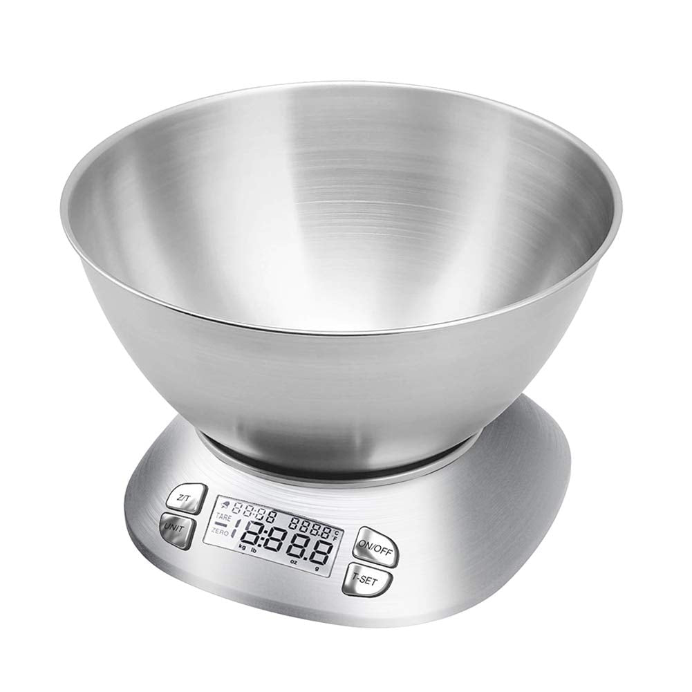 Digital Kitchen Scale with Removable Bowl 2.5L Volume, Electronic Stainless Steel Food Scale for Cooking Baking, Room Temperature, Alarm Timer, 12Lb 5.5Kg, Batteries Included
