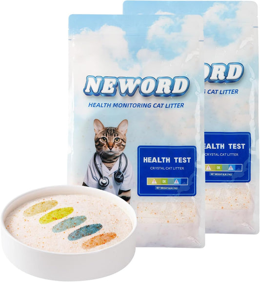 NEWORD Health Monitoring Silica Gel Cat Litter with Color Changing Urine Ph Indicator, Non-Clumping Absorbent, Lightweight Crystals Litter with Superior Odor Control, 8/12 Lb Options (12LB (2 Packs))