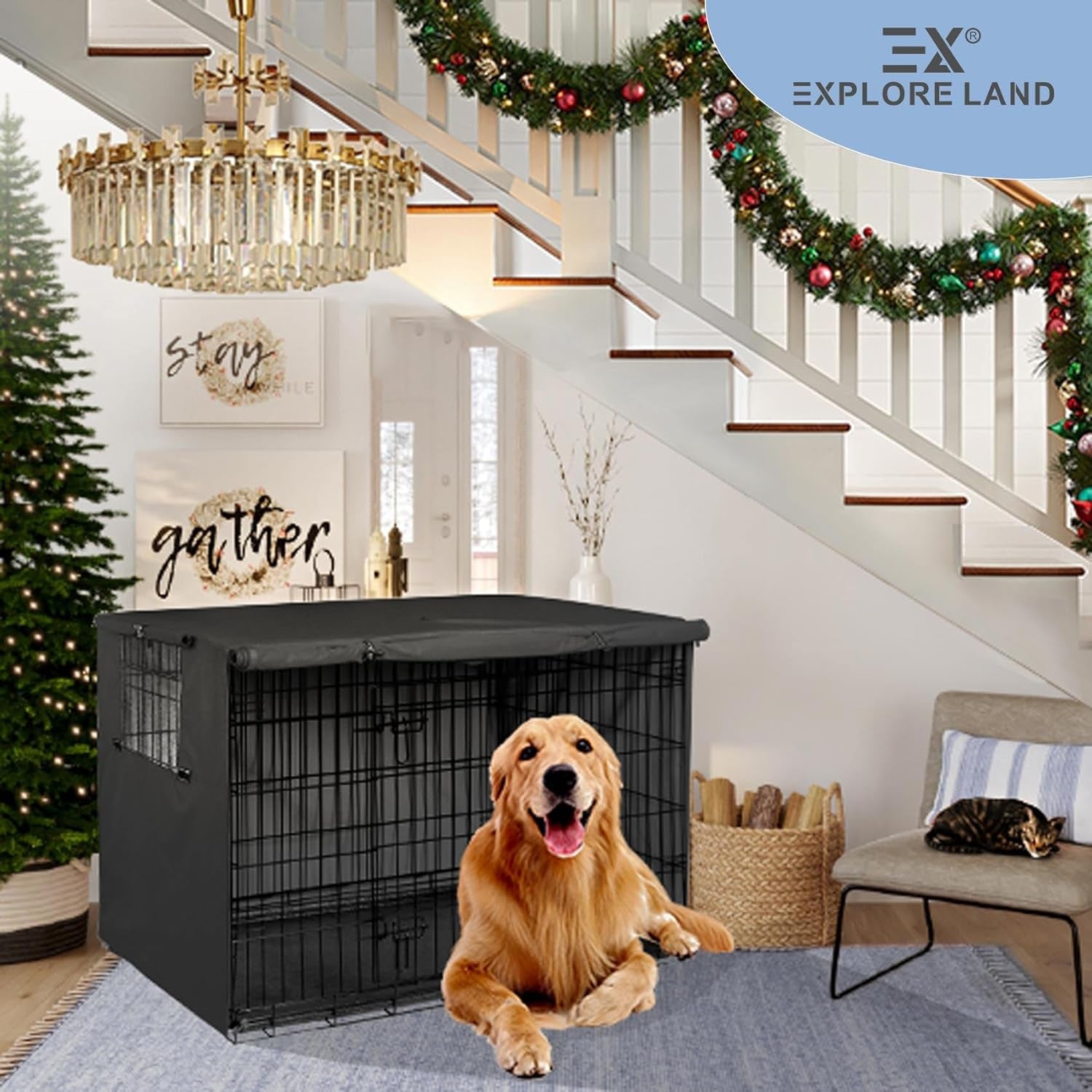 Explore Land Dog Crate Cover Heavy Duty Polyester Pet Kennel Sunshade Universal Fit for 42 Inches Wire Cage (Black)