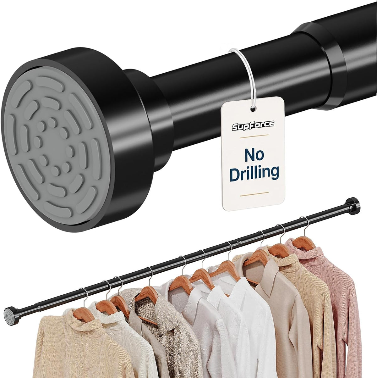 Supforce Closet Rod, No Drill Closet Rod for Hanging Clothes, 17-69In,Black