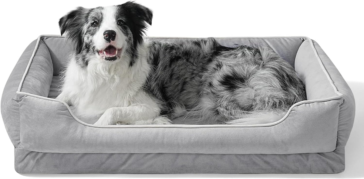 FAIRYPET Orthopedic Dog Bed for Medium to Large Dogs & Cats, Memory Foam Dog Bed with Washable Removable Cover, Top-Grade Dutch Velvet Fabric Pet Sofa Couch for Crate with Nonskid Bottom, Grey