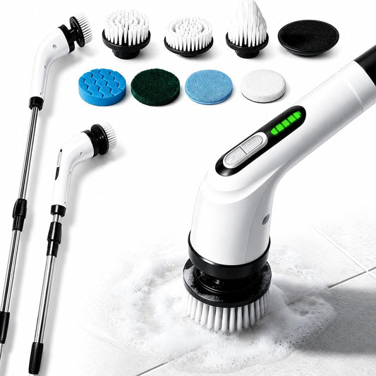 Electric Spin Scrubber for Bathroom, IPX7 Waterproof Shower Scrubber with Extendable Long Handle, Bathroom Cleaning Scrubber with 7 Reusable Brush Heads (White)