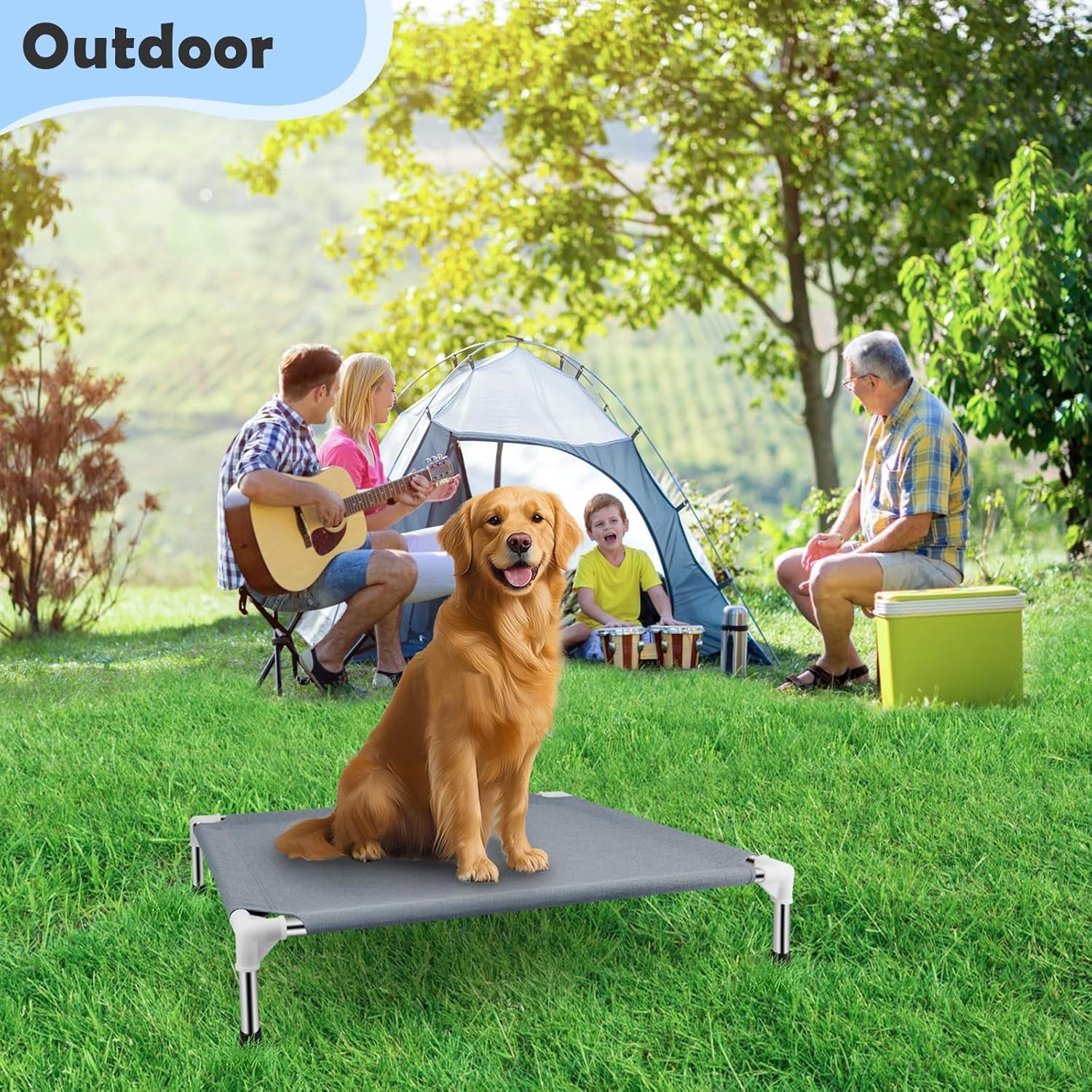 Elevated Cooling Dog Bed, Raised Outdoor Dog Bed for Medium Dogs, Portable Pet Cots with No-Slip Rubber Feet, Double Layer Polyester Cotton