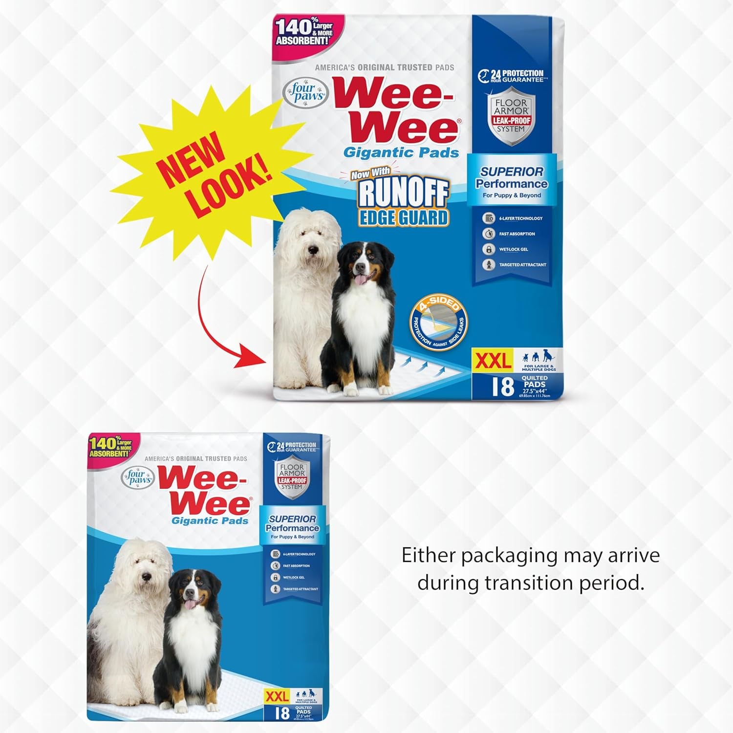 Four Paws Wee-Wee Superior Performance Pee Pads for Dogs with Runoff Barrier Edge Guard Protection, Puppy & Dog Potty Training Pads, Housebreaking Supplies, 27.5" X 44" (18 Count)