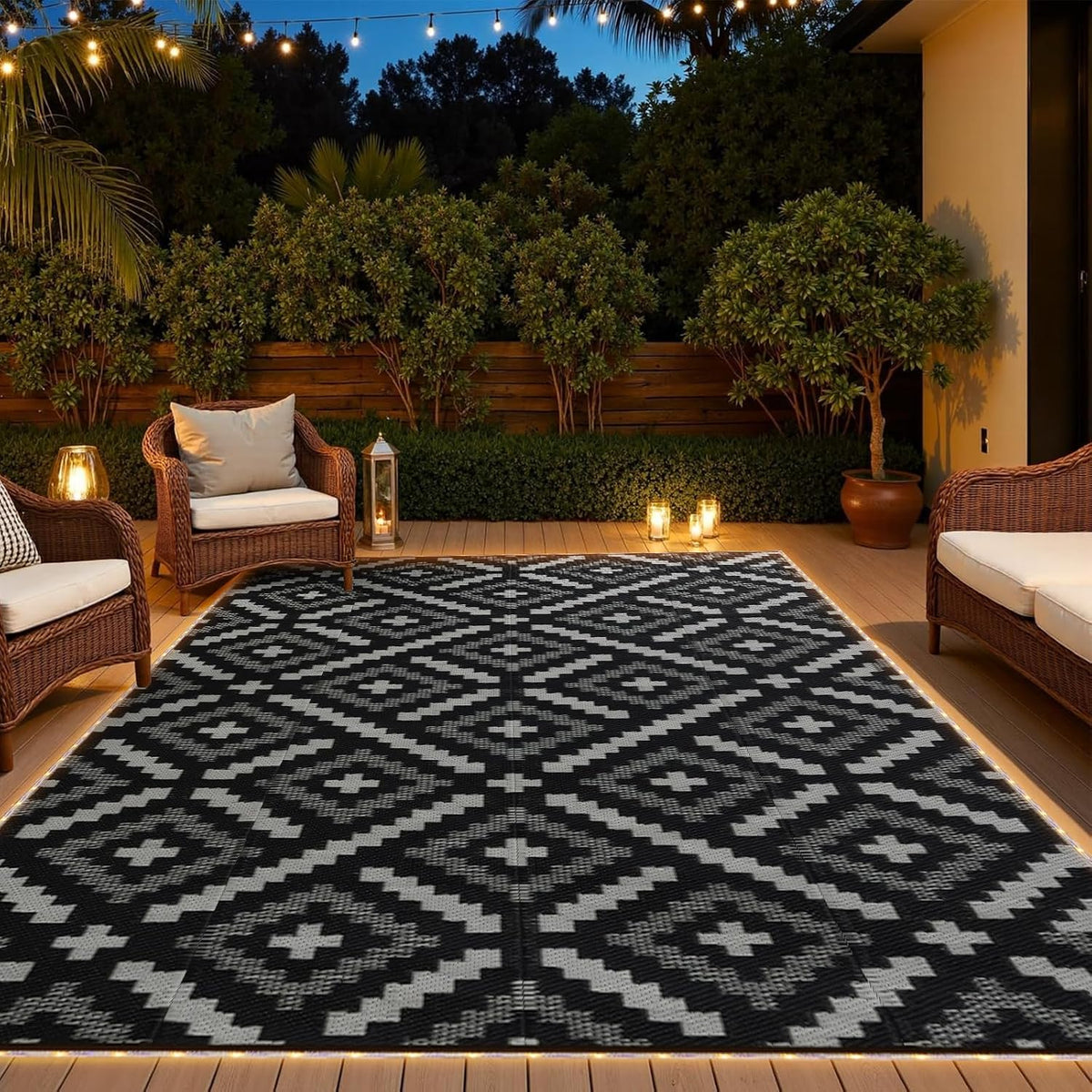 YONILE 8X10 Ft Outdoor Rug Waterproof for Patio with LED Light