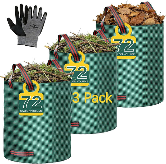3 Pack 72 Gallon Leaf Collector Bag Lawn Bags,Leaf Bags Heavy Duty Reusable,Gardening Gloves Included,Suitable for Camping, Yards, and Recycling; Can Cleaning Debris, Leaves, Grass Clippings