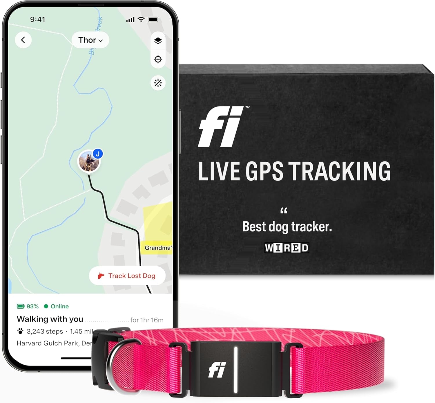 Fi Series 3 Smart Dog Collar - GPS Dog Tracker and Activity & Health Monitor, Waterproof, LED Light, Escape Alerts, Nationwide Coverage [Free 1 Year Membership] (Pink, Medium)