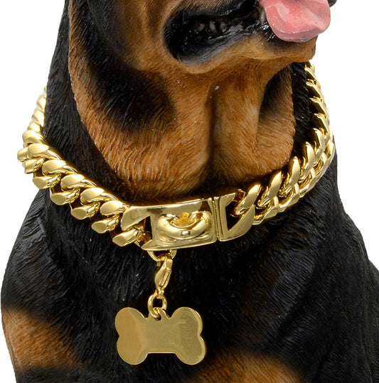 Gold Dog Chain Collar Walking Metal Chain Collar with Design Secure Buckle,18K Cuban Link Strong Heavy Duty Chew Proof for Medium Dogs(14Mm, 16")