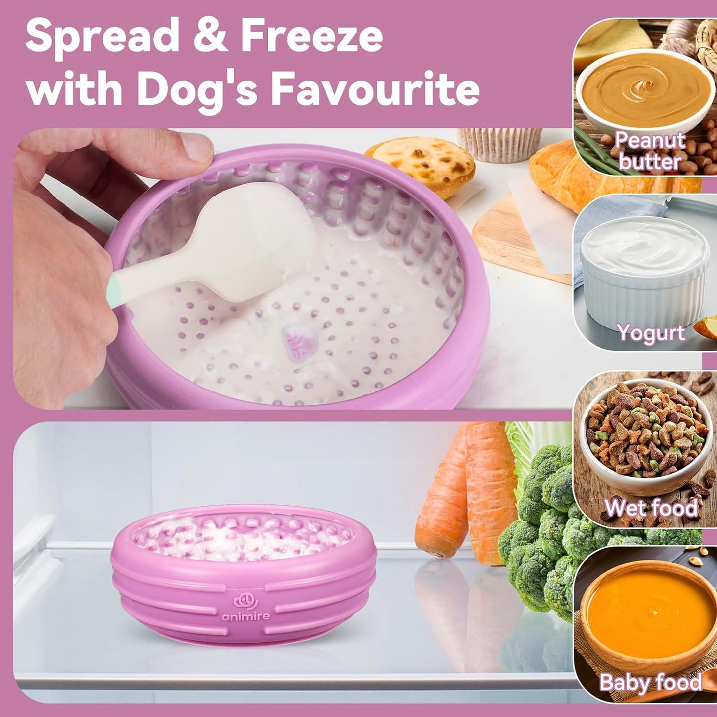 Dog Lick Bowl, Animire Freeze Lick Mat for Dogs, Non-Slip Slow Feeder Licking Bowl Enrichment Treat for Distraction Anxiety Relief, Food Grade Silicone, Dishwasher Safe(Pastel Purple,S)