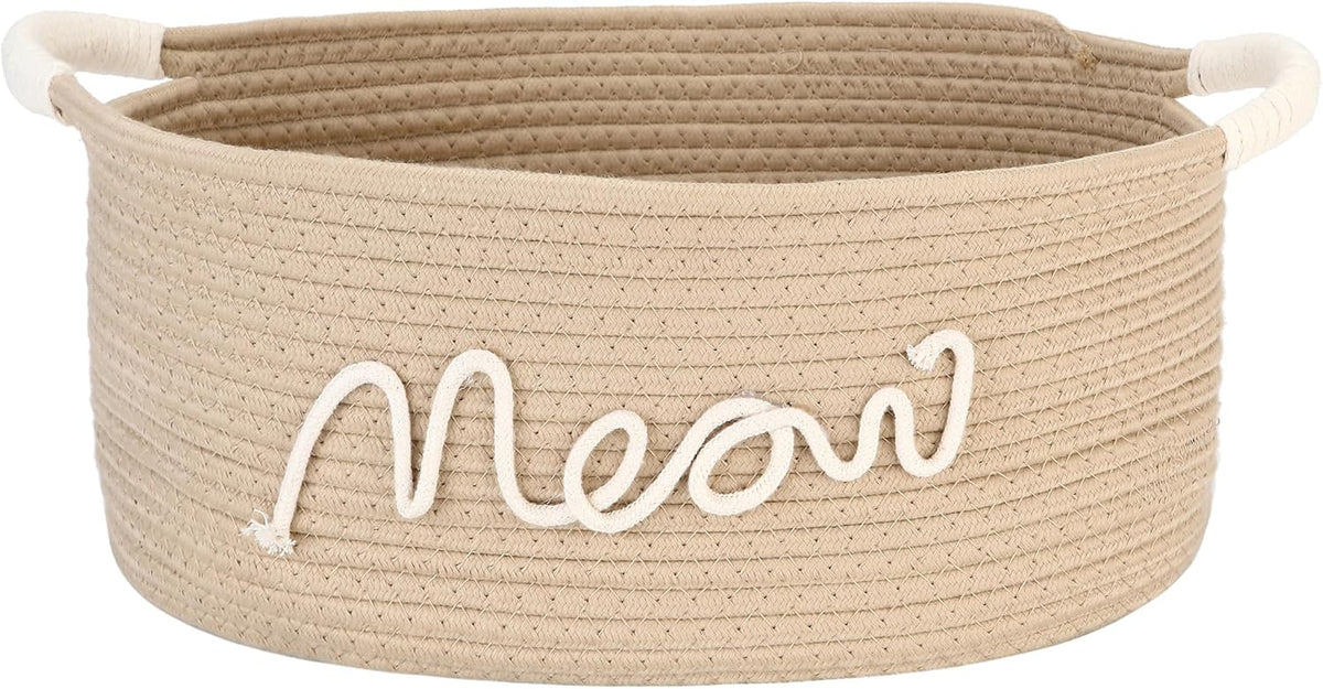 Sea Team Cat Toy Storage Basket with Handles, Beige Meow