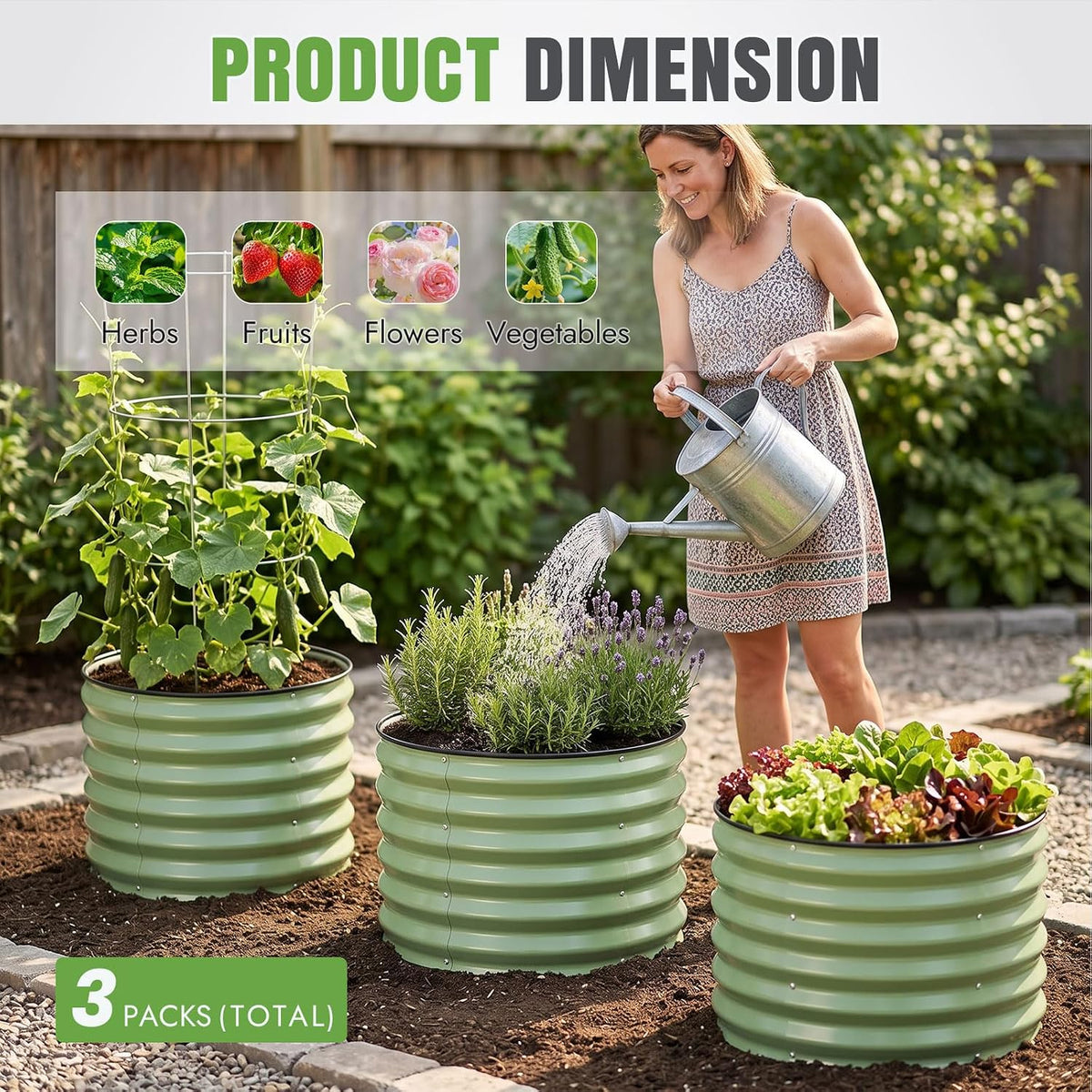 INNO STAGE 3 Pcs round Galvanized Raised Garden Beds, 2X2X1.4Ft Olive Green
