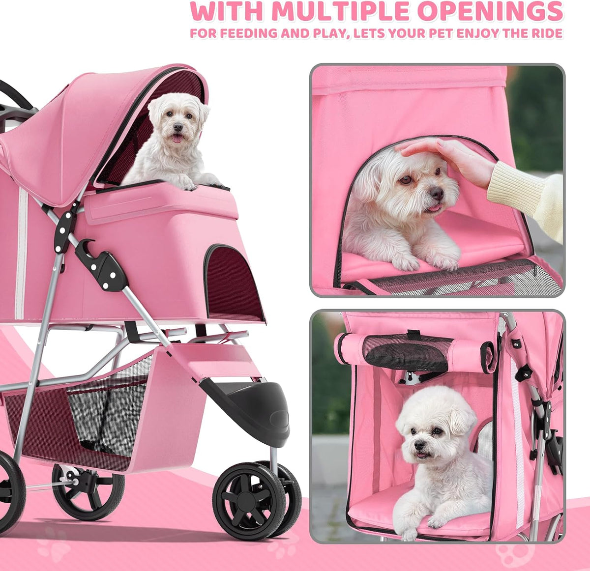 Magshion 3-Wheel Pet Stroller for Small/Medium Dog Cat, up to 33Lbs, Pink