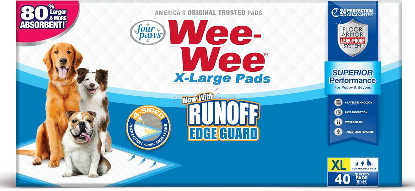 Four Paws Wee-Wee Superior Performance Unscented Extra-Large Pee Pads for Dogs & Puppies, Quilted Leak-Proof Dog Housebreaking Potty Training Floor Protection, 28" X 34", 40 Count