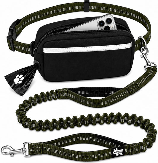 Race&Herd Hands Free Dog Leash with Zip Pouch — Bungee Waist Belt (Olive)