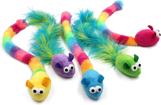 Jumpaws 5 Pack Interactive Catnip and Feather Cat Toys, Multi-Colored Mice with Long Feather Tail, Accessories for Indoor Cat, Catnip Plush Toys with Natural Feathers and Rattles