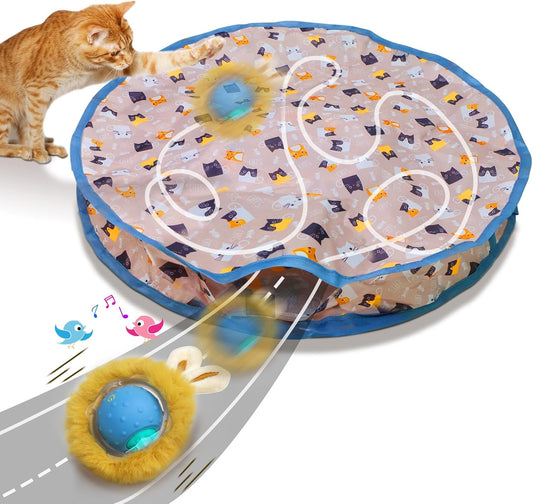 Giociv Interactive Cat Toys Ball Fast Rolling in Pouch, Motion Activate Chirping Cat Toy Hide and Seek Mouse Catching Game (Blue)