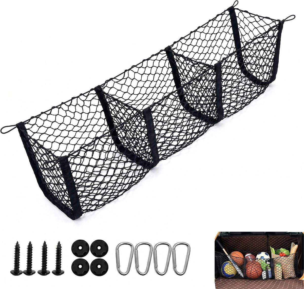 1 PC Car Cargo Net, Expandable 3 Pocket Trunk Organizer Mesh with Hooks, High-Elastic Storage Net for SUV Pickup Truck, Universal for Most Cars, Trucks, Suvs (Black)