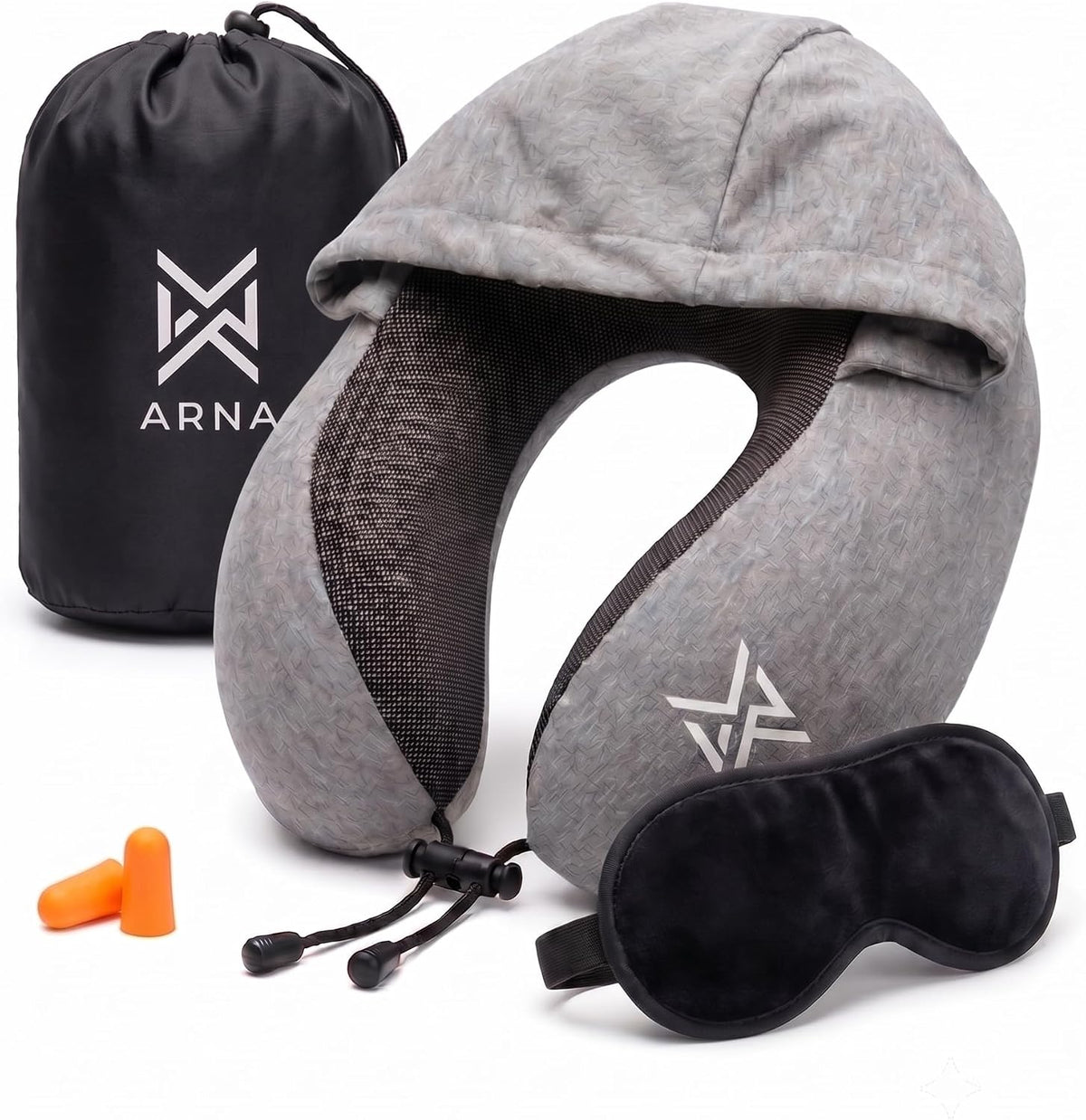 ARNA 4-In-1 Travel Pillow Set – High Density Memory Foam Neck Pillow, Premium Soft Blanket, Eye Mask & Earplugs with Compact Travel Bag